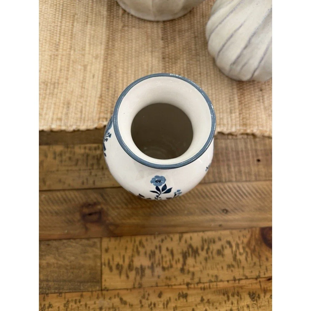 Blue White Floral Ceramic Vase Chinoiserie Spring Home Decor 9” NEW